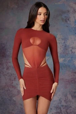 Long Sleeve Cut Out Mini Dress In Brick -Women Clothes Shop 5470 2 Briar Brick Cut Out Mini With Full Length Sleeves