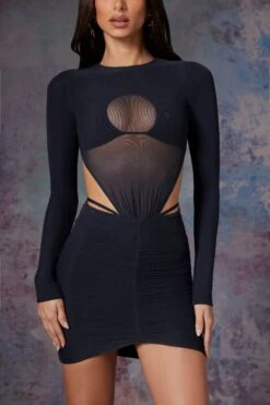Long Sleeve Cut Out Mini Dress In Midnight Black -Women Clothes Shop 5470 7 Briar Black Cut Out Mini With Full Length Sleeves