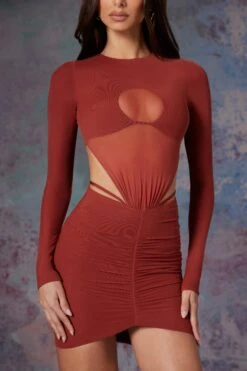 Long Sleeve Cut Out Mini Dress In Brick -Women Clothes Shop 5470 8 Briar Brick Cut Out Mini With Full Length Sleeves