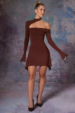 Asymmetric High Neck Mini Dress In Brown -Women Clothes Shop 5472 1 Katya Brown Asymmetric High Neck Dress