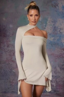 Asymmetric High Neck Mini Dress In Stone -Women Clothes Shop 5472 1 Kayta Stone Asymmetric High Dress