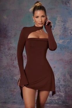 Asymmetric High Neck Mini Dress In Brown -Women Clothes Shop 5472 3 Katya Brown Asymmetric High Neck Dress