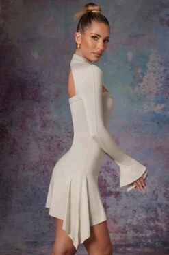 Asymmetric High Neck Mini Dress In Stone -Women Clothes Shop 5472 3 Kayta Stone Asymmetric High Dress