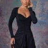 Long Sleeve Waterfall Skirt Mini Dress In Midnight Black 1 Long Sleeve Waterfall Skirt Mini Dress In Midnight Black -Women Clothes Shop 5473 1 Lili Black Long Sleeve Halter Neck Mini Dress With Waterfall Skirt