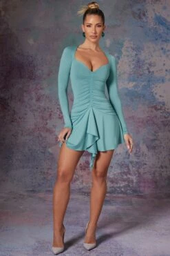 Long Sleeve Waterfall Skirt Mini Dress In Light Teal -Women Clothes Shop 5473 1 Lili Blue Long Sleeve Halter Neck Mini Dress With Waterfall Skirtcopy