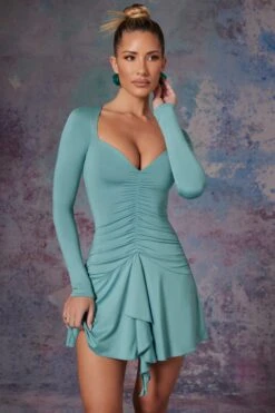Long Sleeve Waterfall Skirt Mini Dress In Light Teal -Women Clothes Shop 5473 3 Lili Blue Long Sleeve Halter Neck Mini Dress With Waterfall Skirtcopy