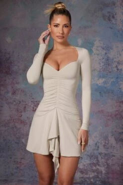 Long Sleeve Waterfall Skirt Mini Dress In Stone -Women Clothes Shop 5473 3 Lili Stone Long Sleeve Halter Neck Mini Dress With Waterfall Skirt