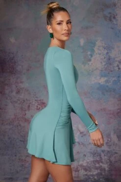 Long Sleeve Waterfall Skirt Mini Dress In Light Teal -Women Clothes Shop 5473 5 Lili Blue Long Sleeve Halter Neck Mini Dress With Waterfall Skirtcopy
