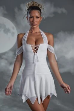 Lace Up Halter Neck Mini Dress In White -Women Clothes Shop 5476 2 Elvyra White Hankey Hem Lace Detail Mini Dress