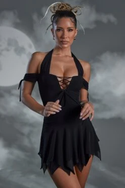 Lace Up Halter Neck Mini Dress In Black 13 Lace Up Halter Neck Mini Dress In Black -Women Clothes Shop 5476 3 Elvyra Black Hankey Hem Lace Detail Mini Dress