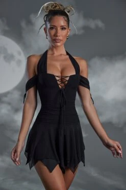 Lace Up Halter Neck Mini Dress In Black 14 Lace Up Halter Neck Mini Dress In Black -Women Clothes Shop 5476 5 Elvyra Black Hankey Hem Lace Detail Mini Dress