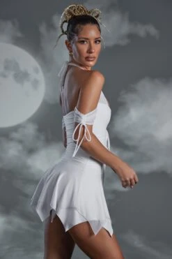 Lace Up Halter Neck Mini Dress In White -Women Clothes Shop 5476 6 Elvyra White Hankey Hem Lace Detail Mini Dress