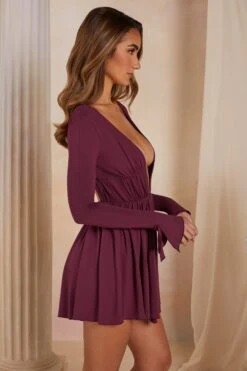 A-Line Plunge Neck Long Sleeve Mini Dress In Plum -Women Clothes Shop 5498 4 Lara Plum A Linie Plunge Mini Dress 497504fb 821f 4b20 a14a fb54a401c9ee