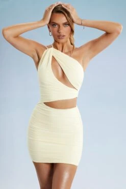 Asymmetric Draped Cut Out Mini Dress In Ivory -Women Clothes Shop 5502 12 Lykke Ivory Asymmetric Draped Cut Out Mini Dress