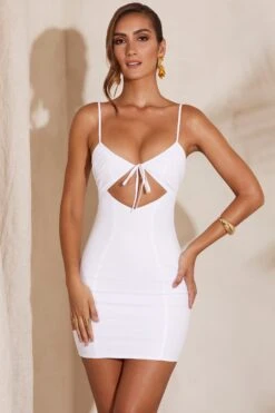 Ruched Bust Cut Out Mini Dress In White -Women Clothes Shop 5505 2 Hayat White Tie Front Cut Out Mini Dress