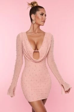 Long Sleeve Deep Plunge Mini Dress In Rose 15 Long Sleeve Deep Plunge Mini Dress In Rose -Women Clothes Shop 5588 10 Nice Rose Flared Sleeve Deep Plunge Mini Dresscopy2