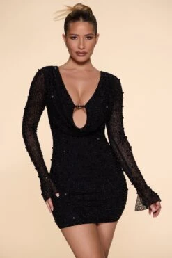 Long Sleeve Deep Plunge Mini Dress In Black
