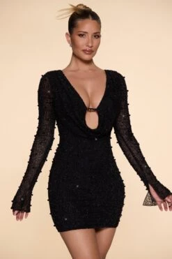 Long Sleeve Deep Plunge Mini Dress In Black -Women Clothes Shop 5588 3 Nice Black Flare Sleeves Deep Plunge Mini Dress