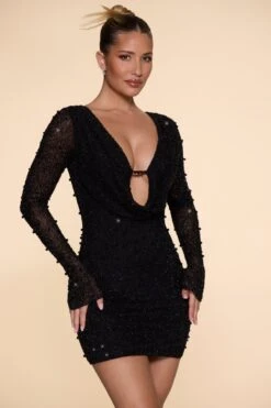 Long Sleeve Deep Plunge Mini Dress In Black -Women Clothes Shop 5588 4 Nice Black Flare Sleeves Deep Plunge Mini Dress