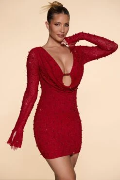 Long Sleeve Deep Plunge Mini Dress In Red -Women Clothes Shop 5588 4 Nice Red Flare Sleeves Deep Plunge Mini