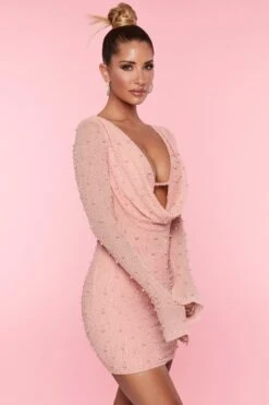 Long Sleeve Deep Plunge Mini Dress In Rose 11 Long Sleeve Deep Plunge Mini Dress In Rose -Women Clothes Shop 5588 6 Nice Rose Flared Sleeve Deep Plunge Mini Dresscopy2