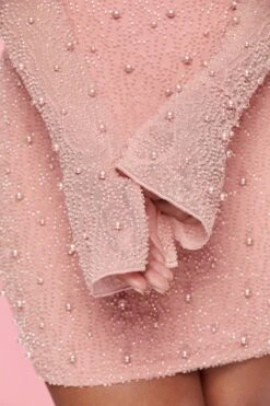 Long Sleeve Deep Plunge Mini Dress In Rose 12 Long Sleeve Deep Plunge Mini Dress In Rose -Women Clothes Shop 5588 7 Nice Rose Flared Sleeve Deep Plunge Mini Dresscopy2