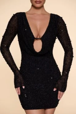 Long Sleeve Deep Plunge Mini Dress In Black -Women Clothes Shop 5588 8 Nice Black Flare Sleeves Deep Plunge Mini Dress