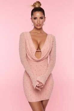 Long Sleeve Deep Plunge Mini Dress In Rose 14 Long Sleeve Deep Plunge Mini Dress In Rose -Women Clothes Shop 5588 9 Nice Rose Flared Sleeve Deep Plunge Mini Dresscopy2