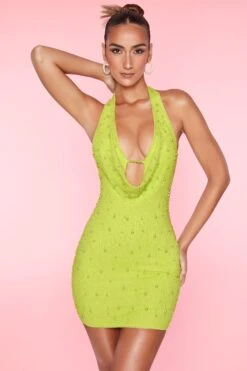 Deep Plunge Embellished Mini Dress In Lime -Women Clothes Shop 5589 1 Versailles Lime Plunge Neckline Halter Embellished Mini Dress