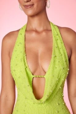 Deep Plunge Embellished Mini Dress In Lime -Women Clothes Shop 5589 4 Versailles Lime Plunge Neckline Halter Embellished Mini Dress