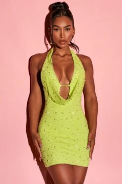 Deep Plunge Embellished Mini Dress In Lime