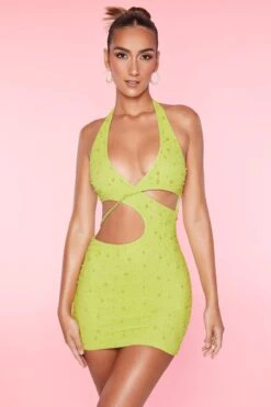Halter Neck Cut Out Mini Dress In Lime -Women Clothes Shop 5592 2 St Tropez Lime Cut Out Mini Dress
