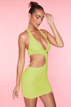 Halter Neck Cut Out Mini Dress In Lime -Women Clothes Shop 5592 8 St Tropez Lime Cut Out Mini Dress