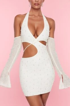 Embellished Cold Shoulder Cut Out Mini Dress In White -Women Clothes Shop 5593 6 Marseilles White Embellished Cut Out Mini Dress With Cold Shoulder