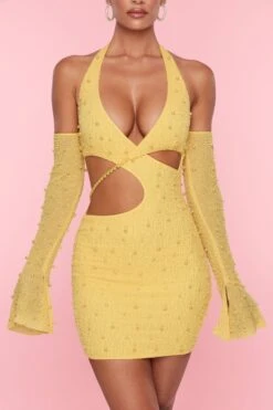 Embellished Cold Shoulder Cut Out Mini Dress In Yellow -Women Clothes Shop 5593 6 Marseilles Yellow Cut Out Cold Shoulder Mini Dress