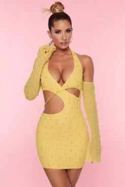 Embellished Cold Shoulder Cut Out Mini Dress In Yellow -Women Clothes Shop 5593 8 Marseilles Yellow Cut Out Cold Shoulder Mini Dress
