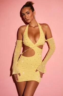 Embellished Cold Shoulder Cut Out Mini Dress In Yellow