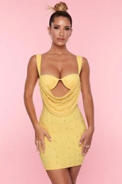 Low Cowl Neck Embellished Mini Dress In Yellow -Women Clothes Shop 5594 5 Yellow Low Cowl Bra Mini Dress
