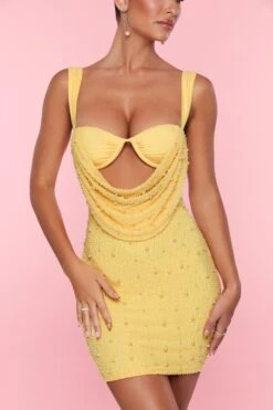 Low Cowl Neck Embellished Mini Dress In Yellow -Women Clothes Shop 5594 6 Yellow Low Cowl Bra Mini Dress