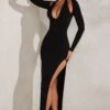 Long Sleeve Plunge Neck Maxi Dress In Black -Women Clothes Shop 5607 2 Black Maxi Dress With Split
