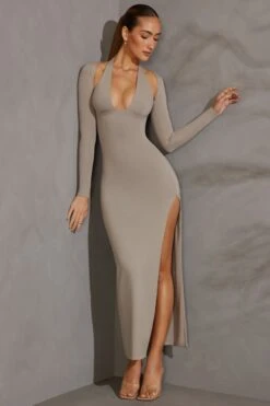 Long Sleeve Plunge Neck Maxi Dress In Grey -Women Clothes Shop 5607 2 Odelle Grey Maxi Dress With Split