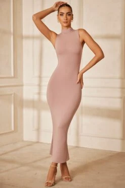 High Neck Maxi Dress In Mauve -Women Clothes Shop 5612 3 Tesoro Mauve Turtle Neck Maxi Dress
