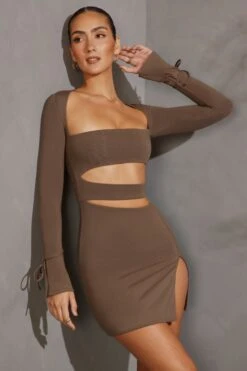 Long Sleeve Cut Out Mini Dress In Taupe -Women Clothes Shop 5615 2 Charcoal Bandeau Cut Out Mini Dresscopy