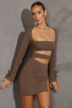 Long Sleeve Cut Out Mini Dress In Taupe -Women Clothes Shop 5615 3 Charcoal Bandeau Cut Out Mini Dresscopy