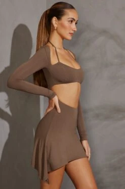 Long Sleeve Cut Out Mini Dress In Taupe -Women Clothes Shop 5616 8 Charcoal Cut Out Mini With Long Sleeves