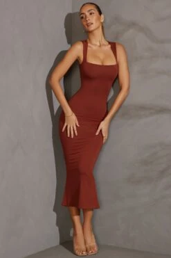 Square Neck Midi Dress In Brick -Women Clothes Shop 5617 4 Ainslee Brick Square Neck Midaxi Dress