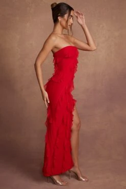 Bandeau Ruffle Detail Maxi Dress In Red 13 Bandeau Ruffle Detail Maxi Dress In Red -Women Clothes Shop 5634 4 Nevali Red Bandeau Ruffle Detail Dress