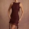 Backless Ruffle Detailing Mini Dress In Brown -Women Clothes Shop 5635 4 Iolanra Brown Backless Mini Dress With Ruffle Detail