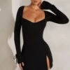 Long Sleeve A-Line Mini Dress In Black -Women Clothes Shop 5668 1 Black Square Neck Mini Dress