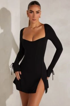 Long Sleeve A-Line Mini Dress In Black -Women Clothes Shop 5668 2 Black Square Neck Mini Dress